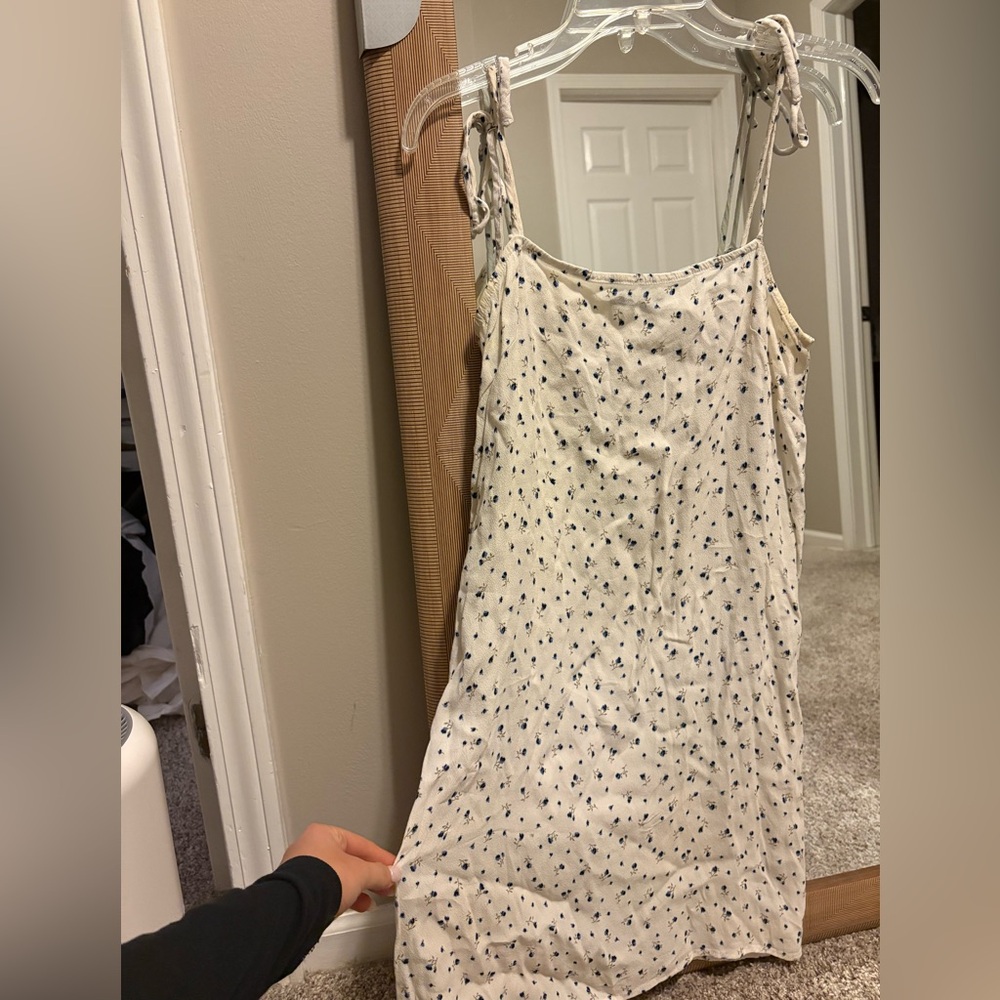 Brandy Melville Cream Dress with Blue Floral Pattern Tie Straps
